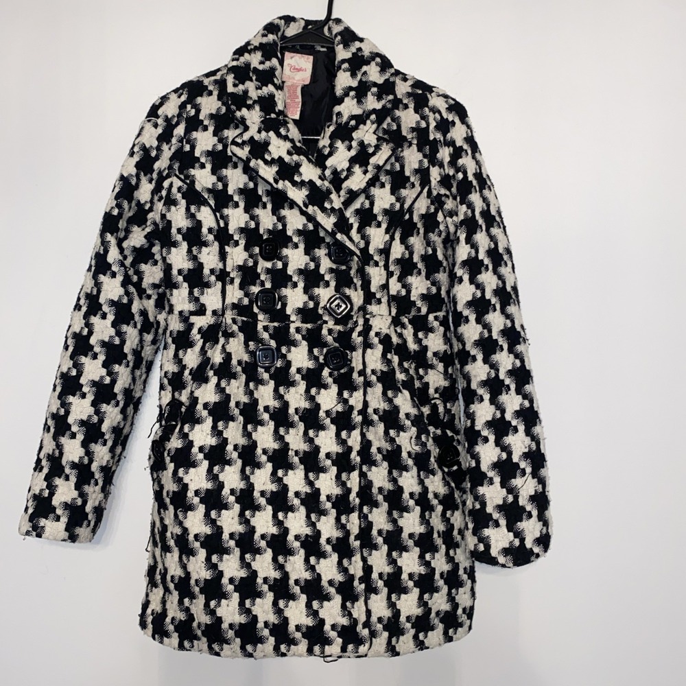 Y2K Candie's Coat Womens M Black White‎ Houndstooth Wool Blend Peacoat Jacket